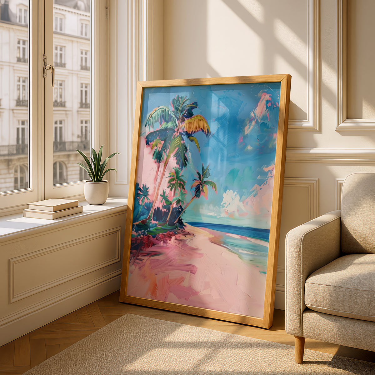 Pink Beach Palm Trees Wall Art, Tropical Coastal Poster, Colourful Seascape Art Print for Living — styling mockup 4