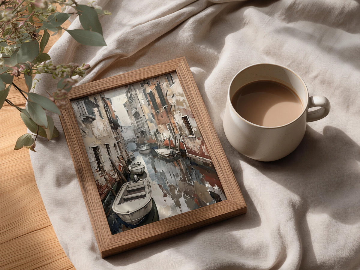 Venice Canal Poster, Vintage Italian Wall Art, Palette Knife Style Art Print, Neutral Living Room — styling mockup 3
