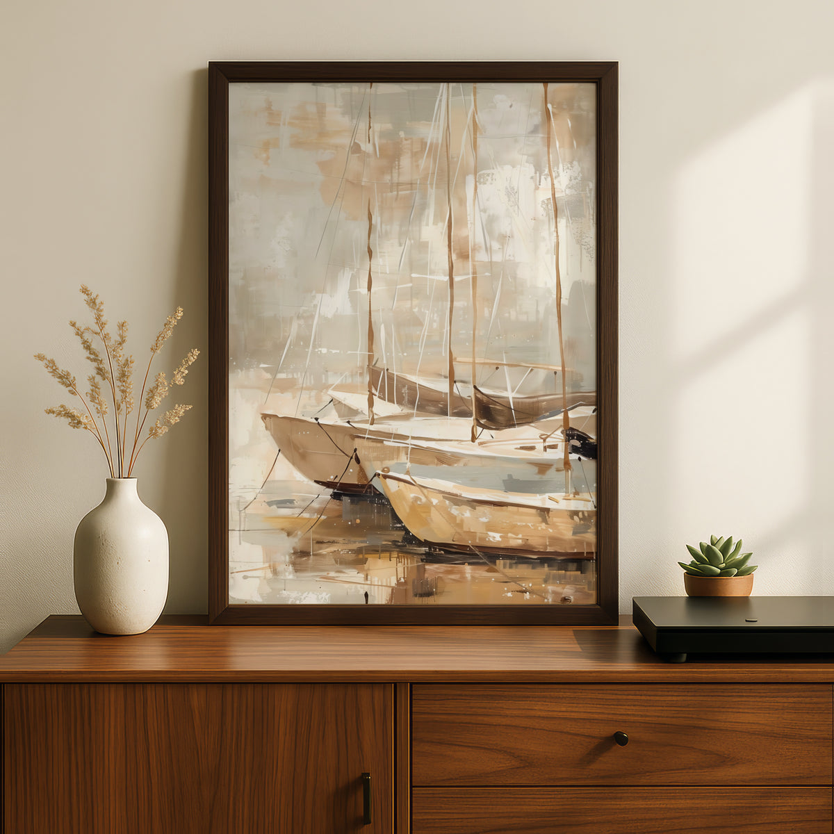 Abstract Sailboat Poster, Beige Coastal Wall Art, Harbour Painting Art Print, Neutral Boat Decor — styling mockup 2
