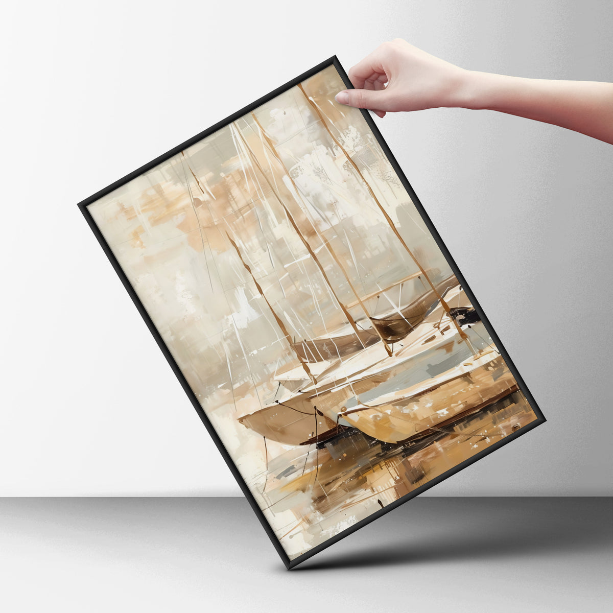Abstract Sailboat Poster, Beige Coastal Wall Art, Harbour Painting Art Print, Neutral Boat Decor — styling mockup 6