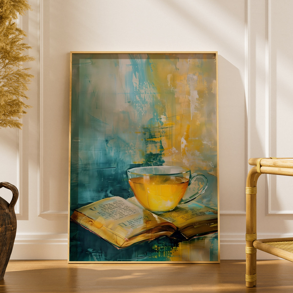 Tea and Book Still Life Wall Art, Teal Yellow Abstract Painting Print, Cosy Kitchen Reading Nook — styling mockup 1