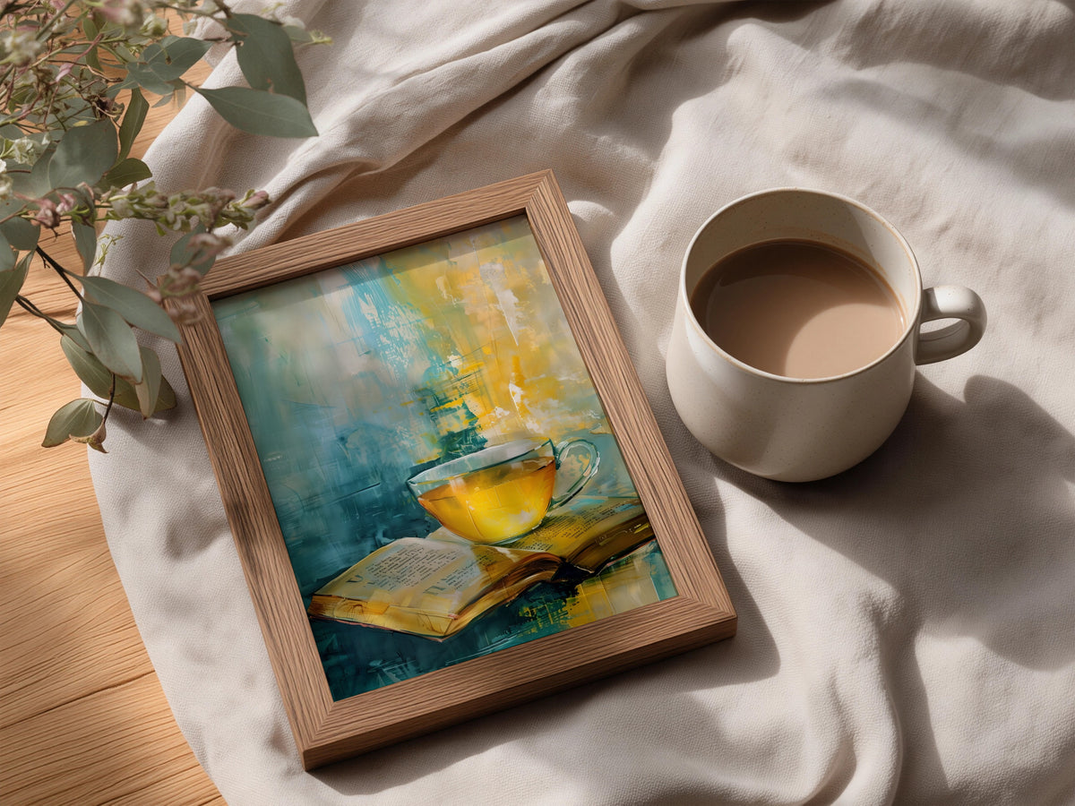 Tea and Book Still Life Wall Art, Teal Yellow Abstract Painting Print, Cosy Kitchen Reading Nook — styling mockup 3