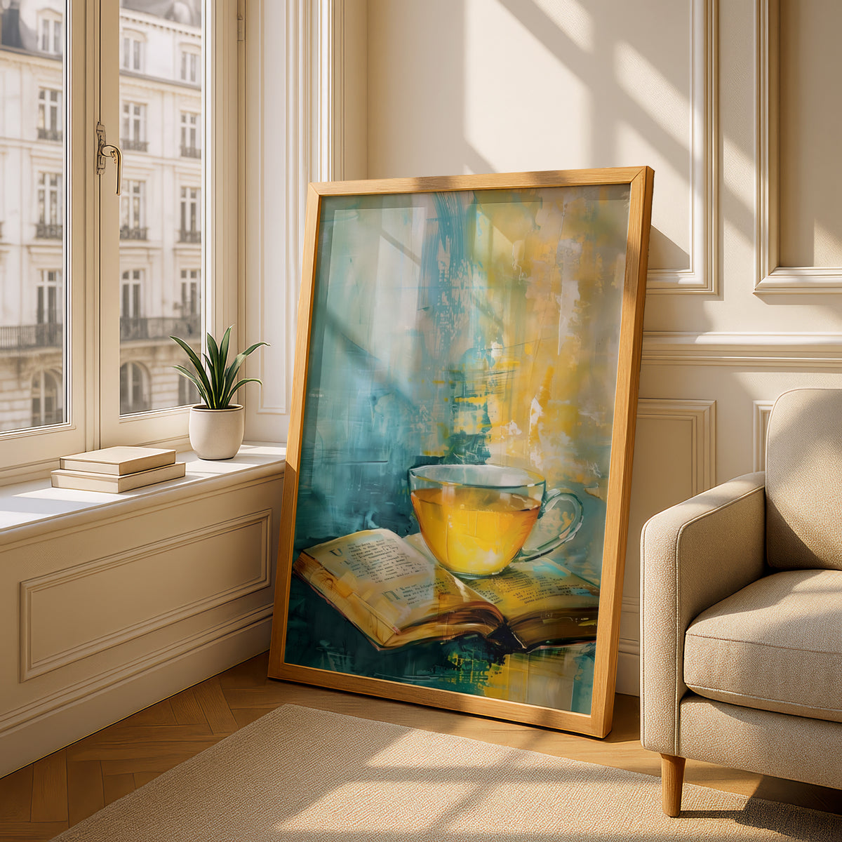 Tea and Book Still Life Wall Art, Teal Yellow Abstract Painting Print, Cosy Kitchen Reading Nook — styling mockup 4