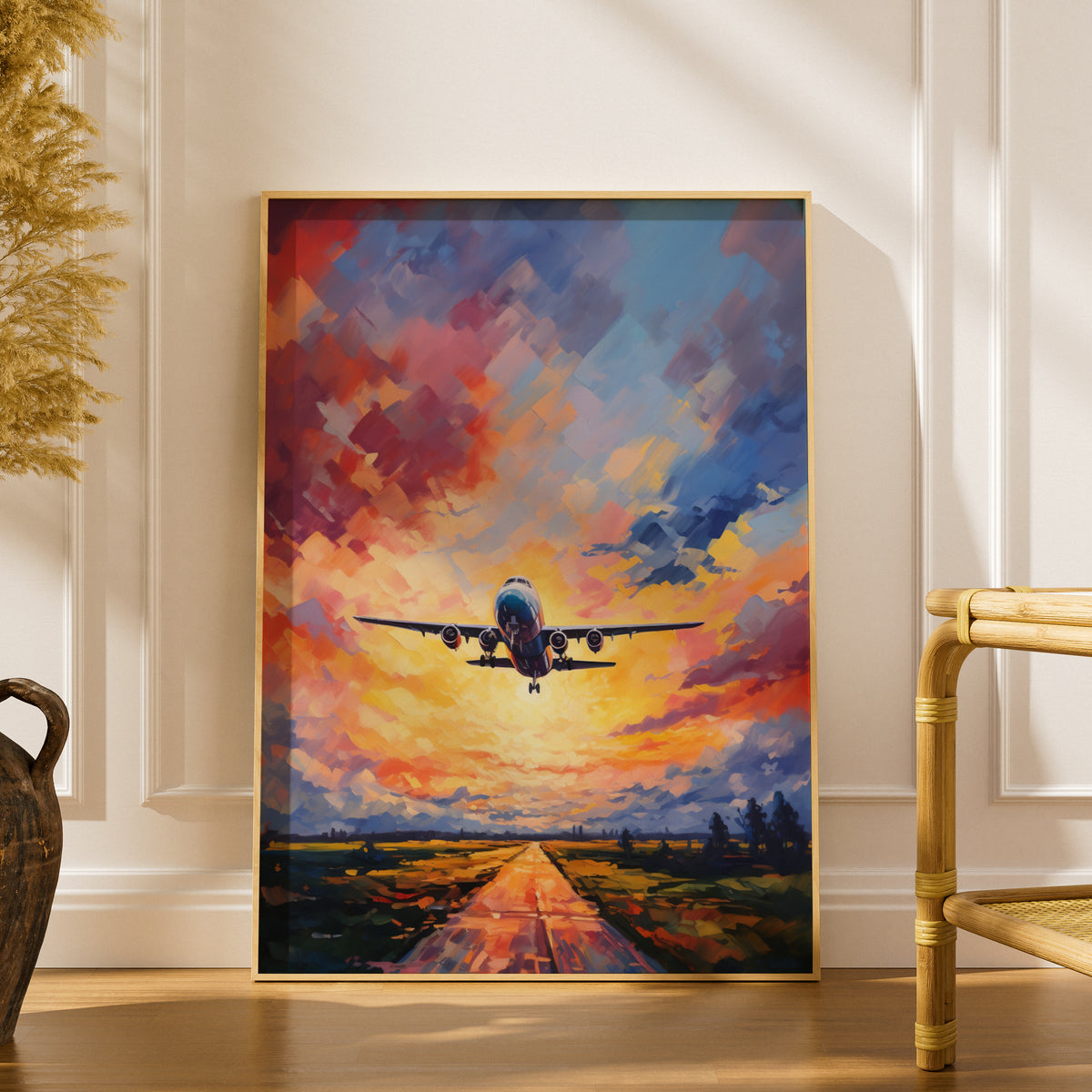 Airplane Sunset Poster, Aviation Wall Art, Colourful Oil Painting Print, Pilot Gift, Living Room — styling mockup 1