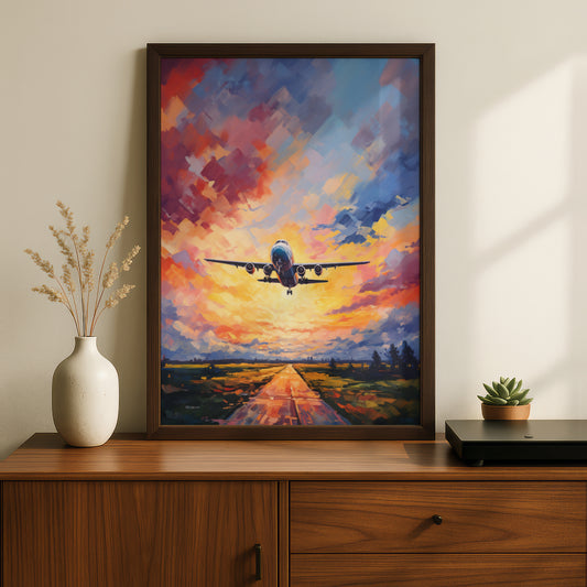 Airplane Sunset Poster, Aviation Wall Art, Colourful Oil Painting Print, Pilot Gift, Living Room — styling mockup 2