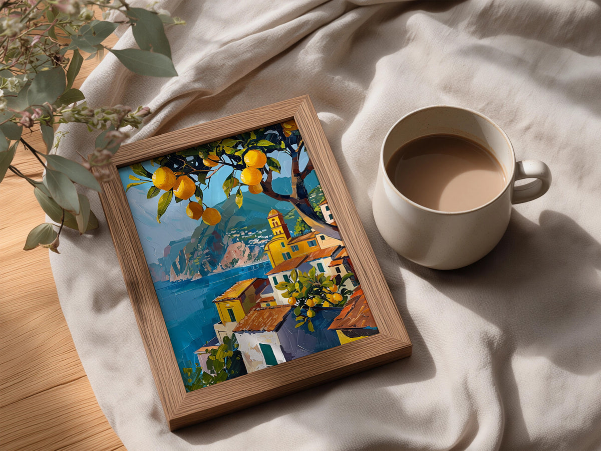 Amalfi Coast Lemon Tree Poster, Italian Coastal Wall Art Print, Mediterranean Seaside Village — styling mockup 3