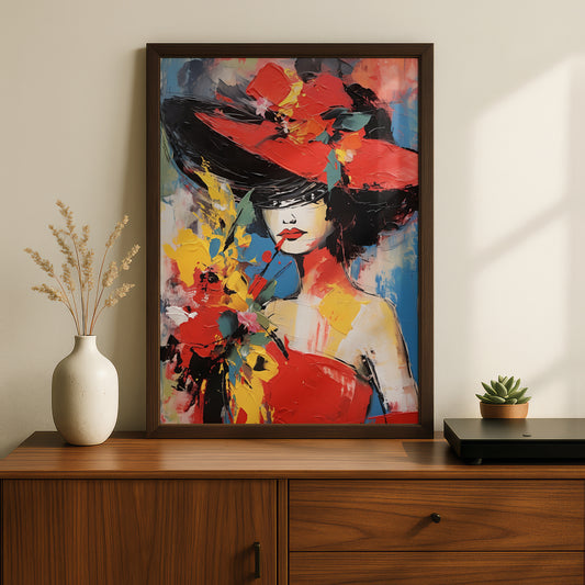 Woman in Red Hat Wall Art, Abstract Portrait Poster, Colourful Palette Knife Print, Living Room — styling mockup 2