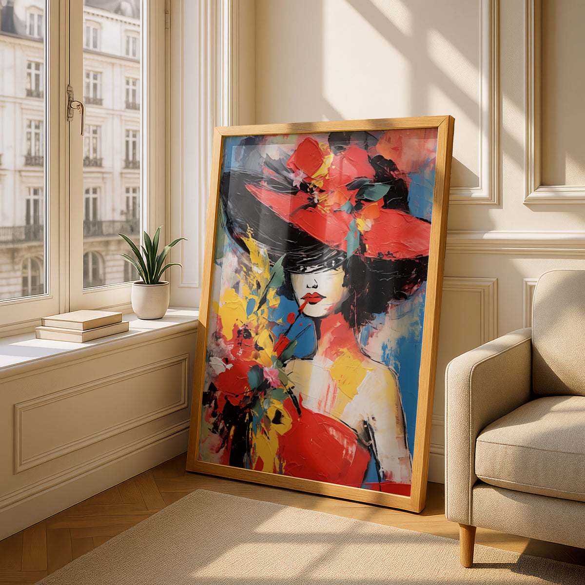 Woman in Red Hat Wall Art, Abstract Portrait Poster, Colourful Palette Knife Print, Living Room — styling mockup 4