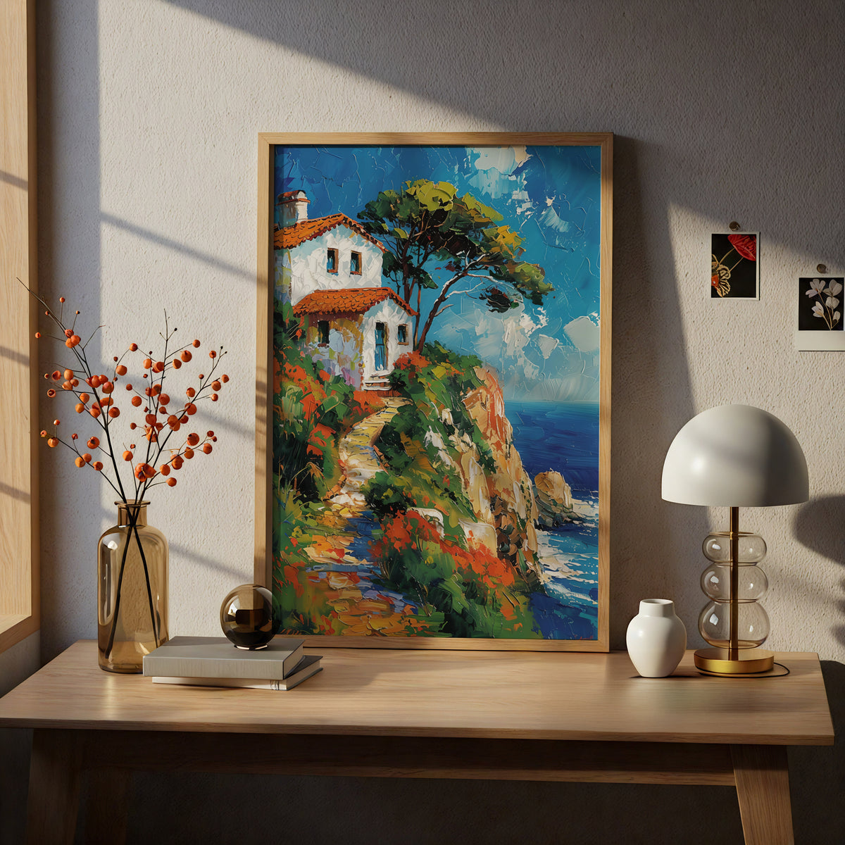 Mediterranean Coastal Cliff House Poster, Palette Knife Oil Painting Style Seaside Wall Art Print — styling mockup 5