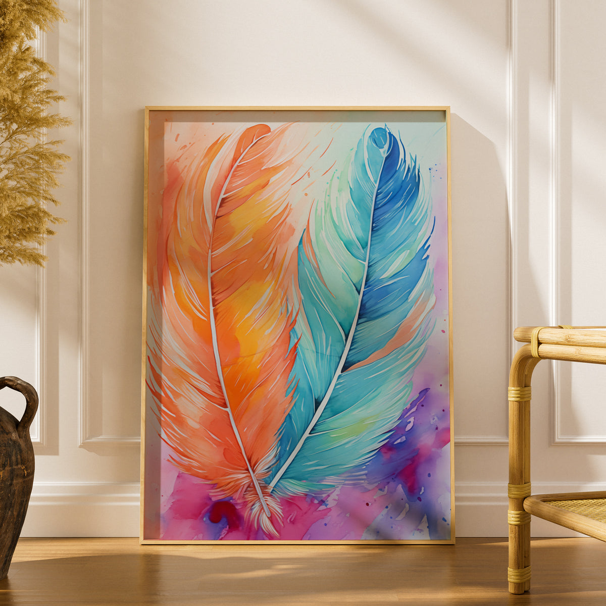 Watercolour Feather Poster, Orange and Turquoise Boho Wall Art, Colourful Bedroom Art Print — styling mockup 1