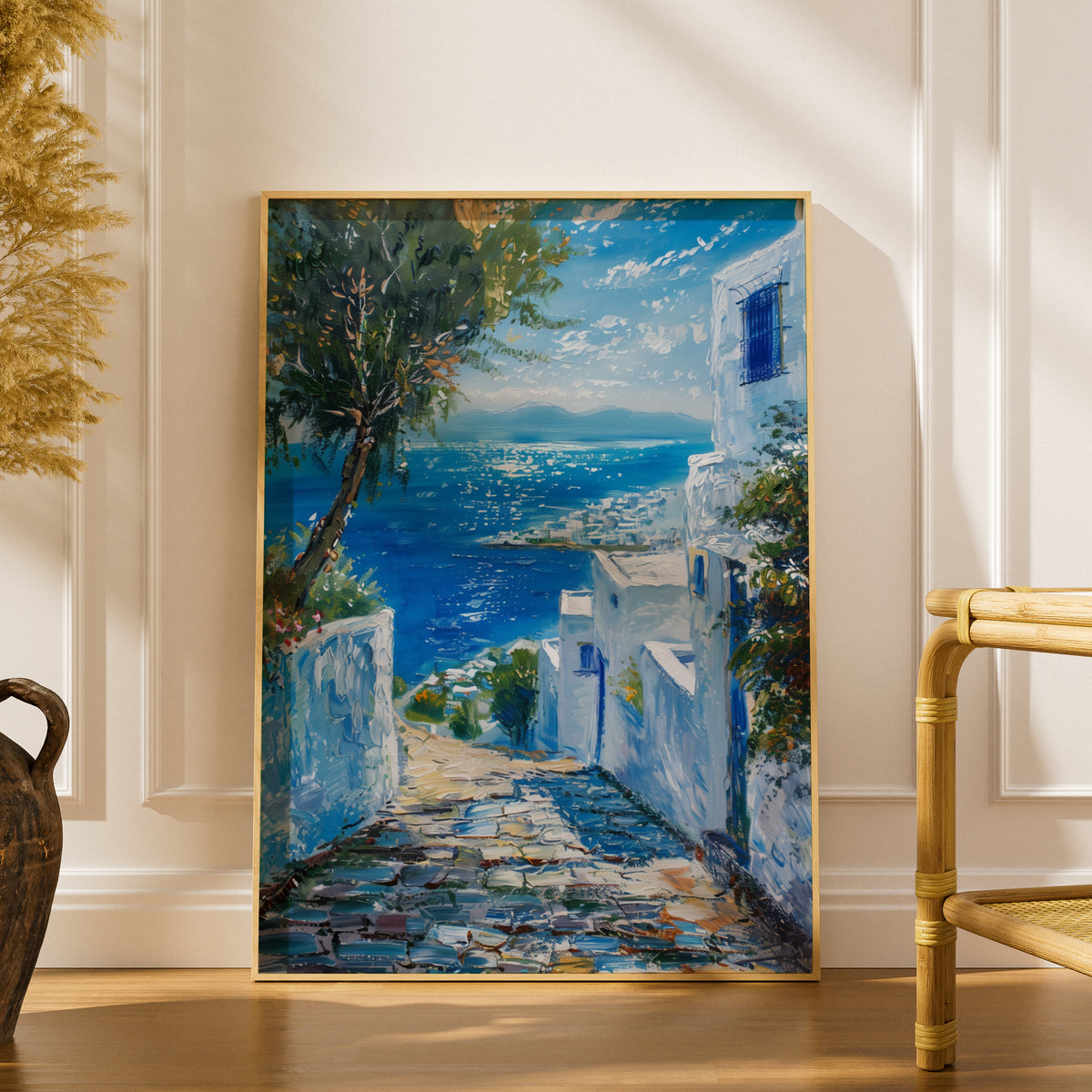 Mediterranean Coastal Poster, Greek Island Wall Art, Blue Sea Oil Painting Print, Living Room — styling mockup 1