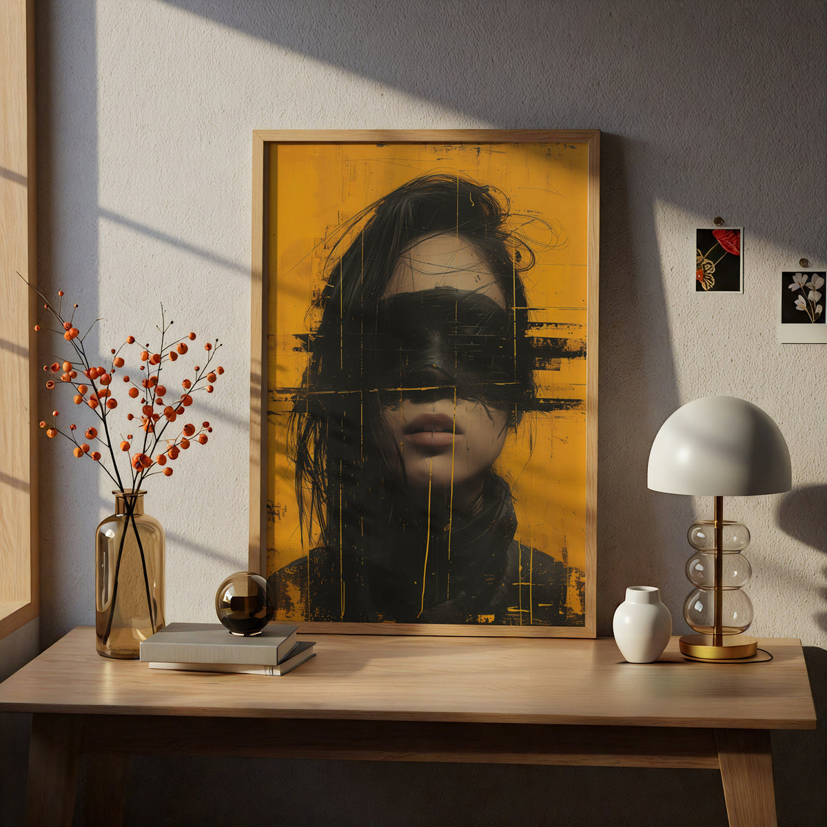 Abstract Portrait Wall Art, Yellow and Black Grunge Poster, Modern Street Art Print for Living Room — styling mockup 5