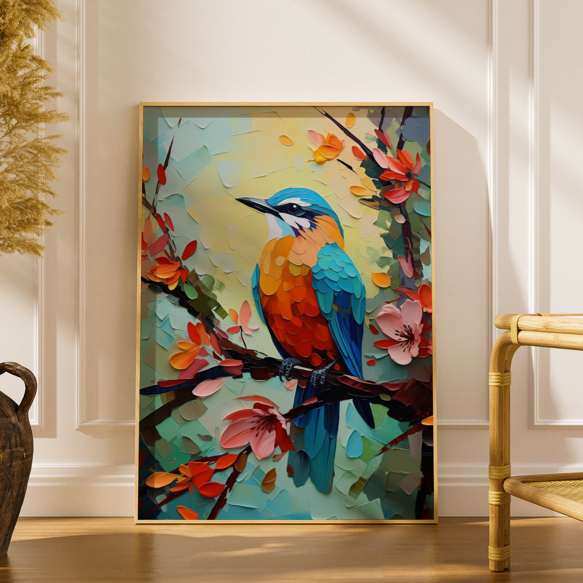 Colourful Bird Oil Painting Print, Palette Knife Wall Art, Kingfisher Poster, Floral Blossom Decor — styling mockup 1