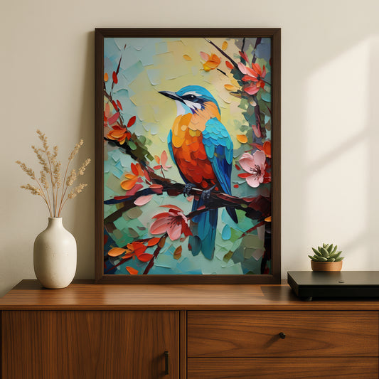 Colourful Bird Oil Painting Print, Palette Knife Wall Art, Kingfisher Poster, Floral Blossom Decor — styling mockup 2