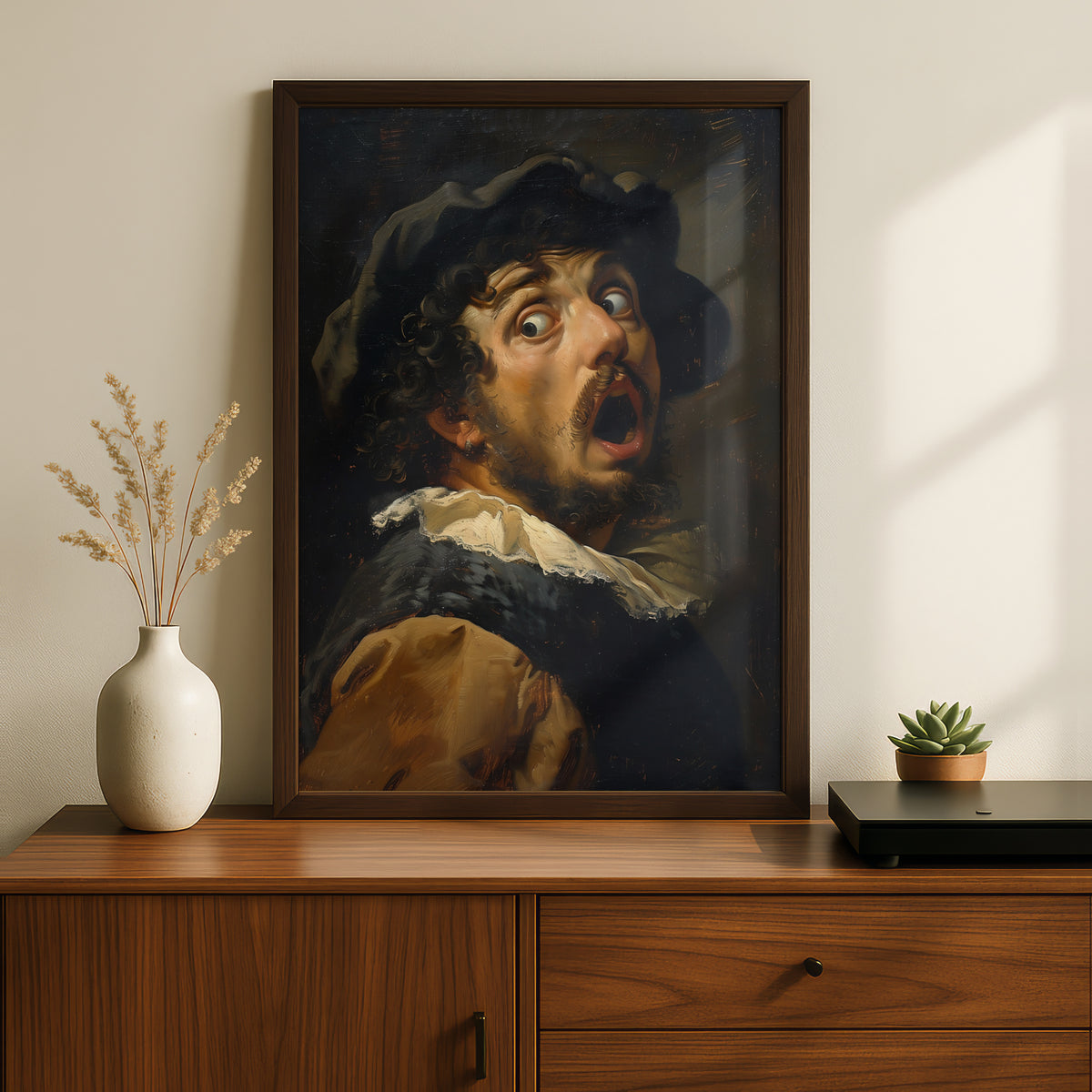 Funny Baroque Portrait Poster, Shocked Man Vintage Oil Painting Style Wall Art, Quirky Gallery Wall — styling mockup 2