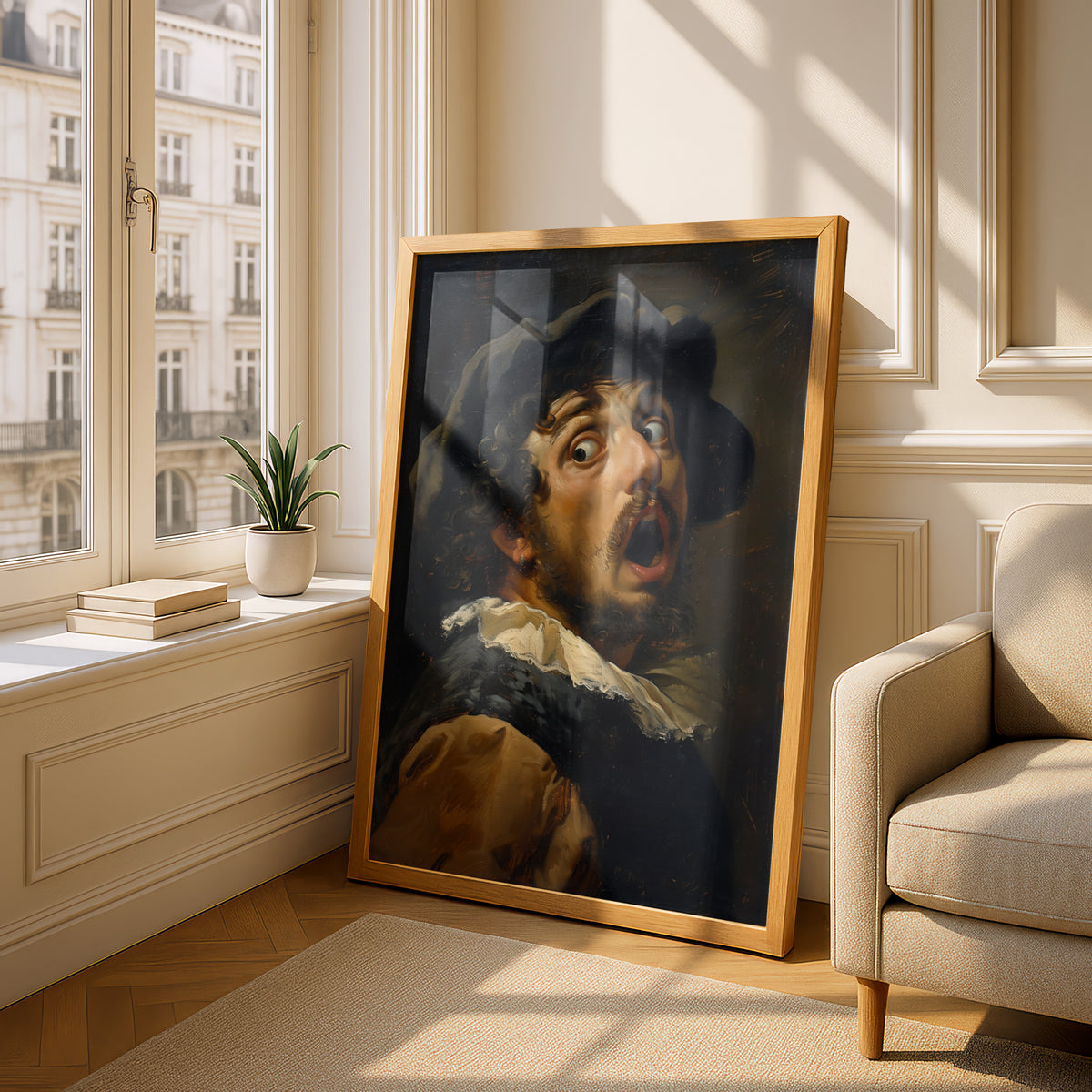 Funny Baroque Portrait Poster, Shocked Man Vintage Oil Painting Style Wall Art, Quirky Gallery Wall — styling mockup 4