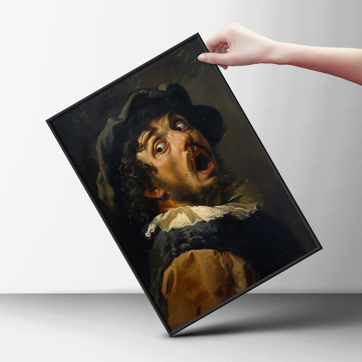 Funny Baroque Portrait Poster, Shocked Man Vintage Oil Painting Style Wall Art, Quirky Gallery Wall — styling mockup 6