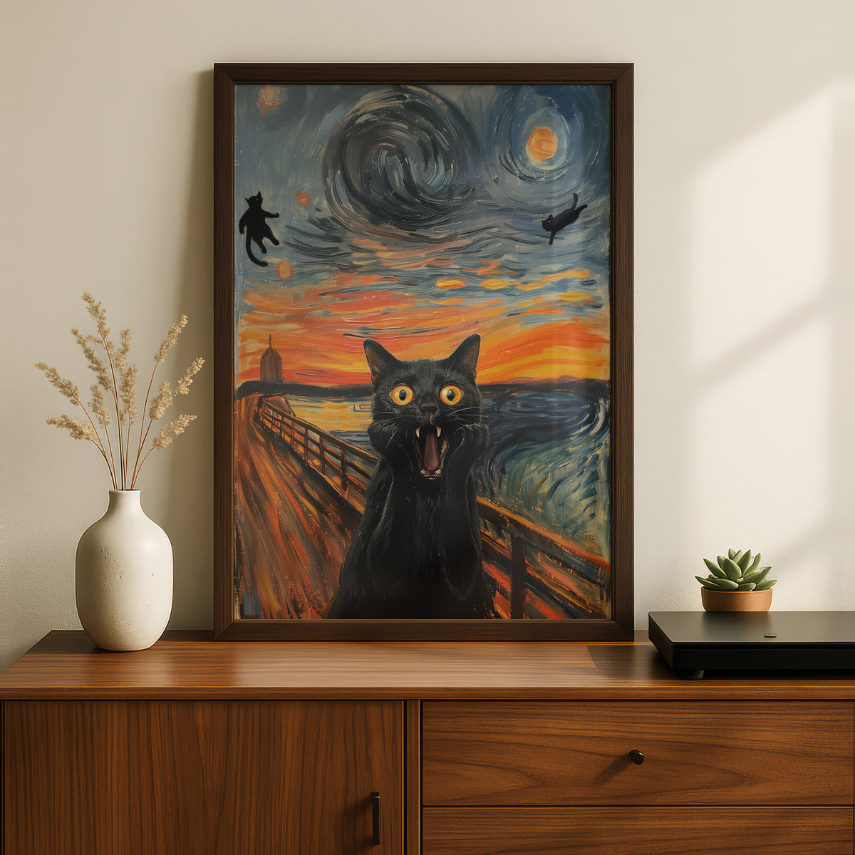Screaming Black Cat Poster, Expressionist Oil Painting Style Wall Art, Funny Cat Print — styling mockup 2
