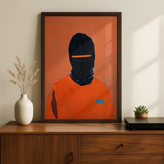 Abstract Masked Figure Poster, Orange and Black Portrait Wall Art, Modern Expressionist Art Print — styling mockup 2