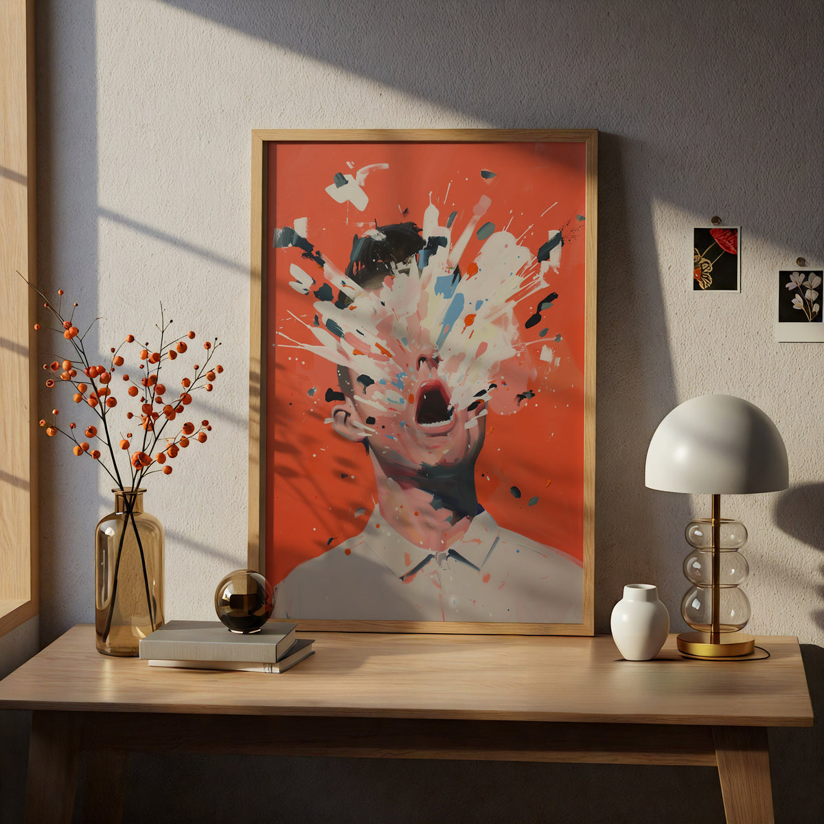 Abstract Portrait Poster, Paint Splatter Face Wall Art, Coral Orange Expressionist Art Print — styling mockup 5