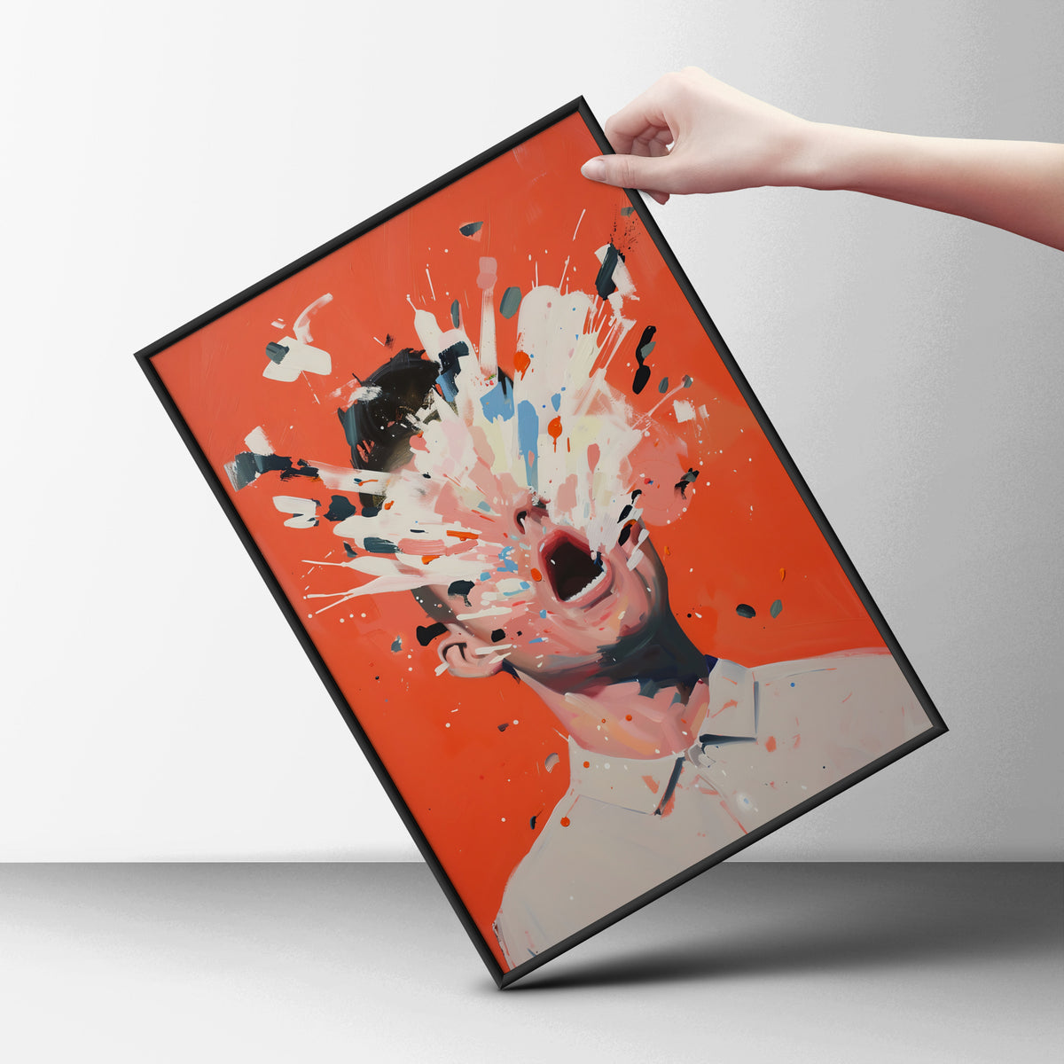 Abstract Portrait Poster, Paint Splatter Face Wall Art, Coral Orange Expressionist Art Print — styling mockup 6