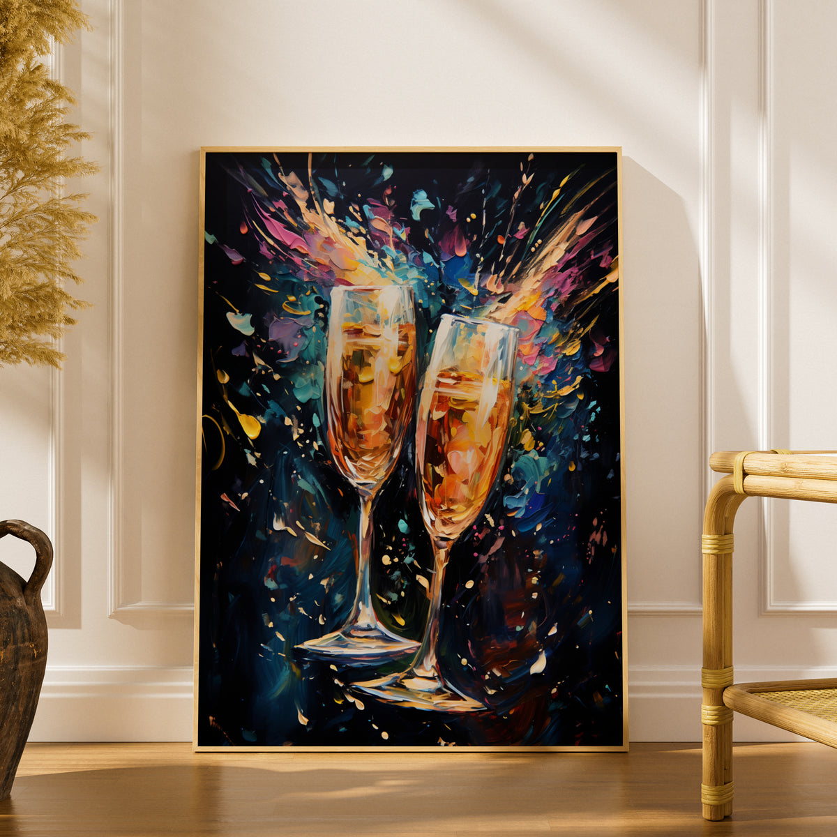 Champagne Glasses Poster, Colourful Oil Painting Wall Art Print, Bar Cart Kitchen Dining Room Decor — styling mockup 1