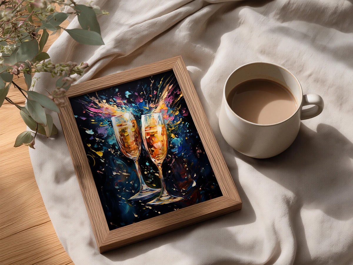 Champagne Glasses Poster, Colourful Oil Painting Wall Art Print, Bar Cart Kitchen Dining Room Decor — styling mockup 3