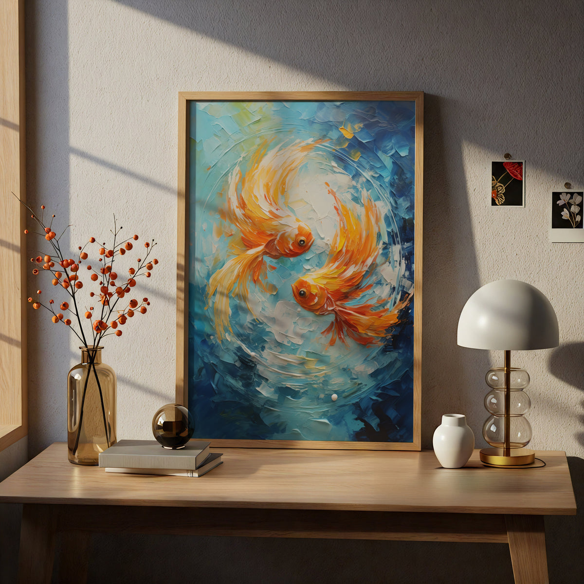 Goldfish Poster, Orange Koi Wall Art, Textured Palette Knife Art Print, Blue Ocean Fish Painting — styling mockup 5