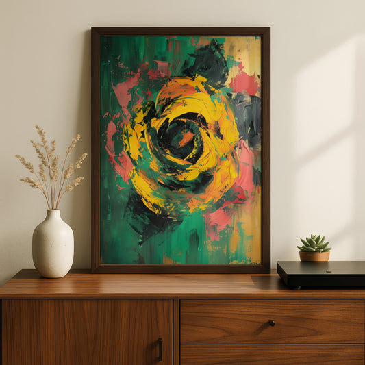 Abstract Yellow Rose Poster, Green Expressionist Wall Art Print, Bold Floral Art for Living Room — styling mockup 2