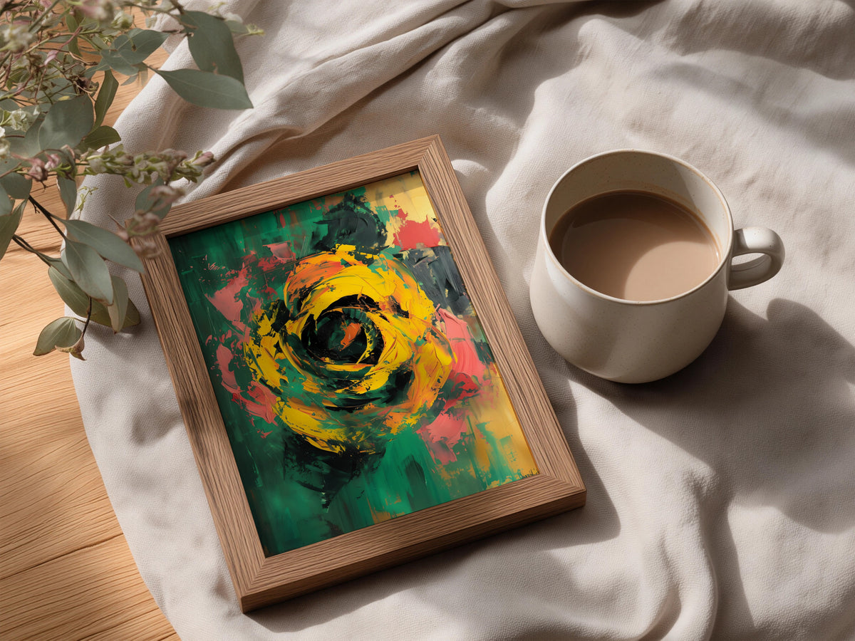 Abstract Yellow Rose Poster, Green Expressionist Wall Art Print, Bold Floral Art for Living Room — styling mockup 3