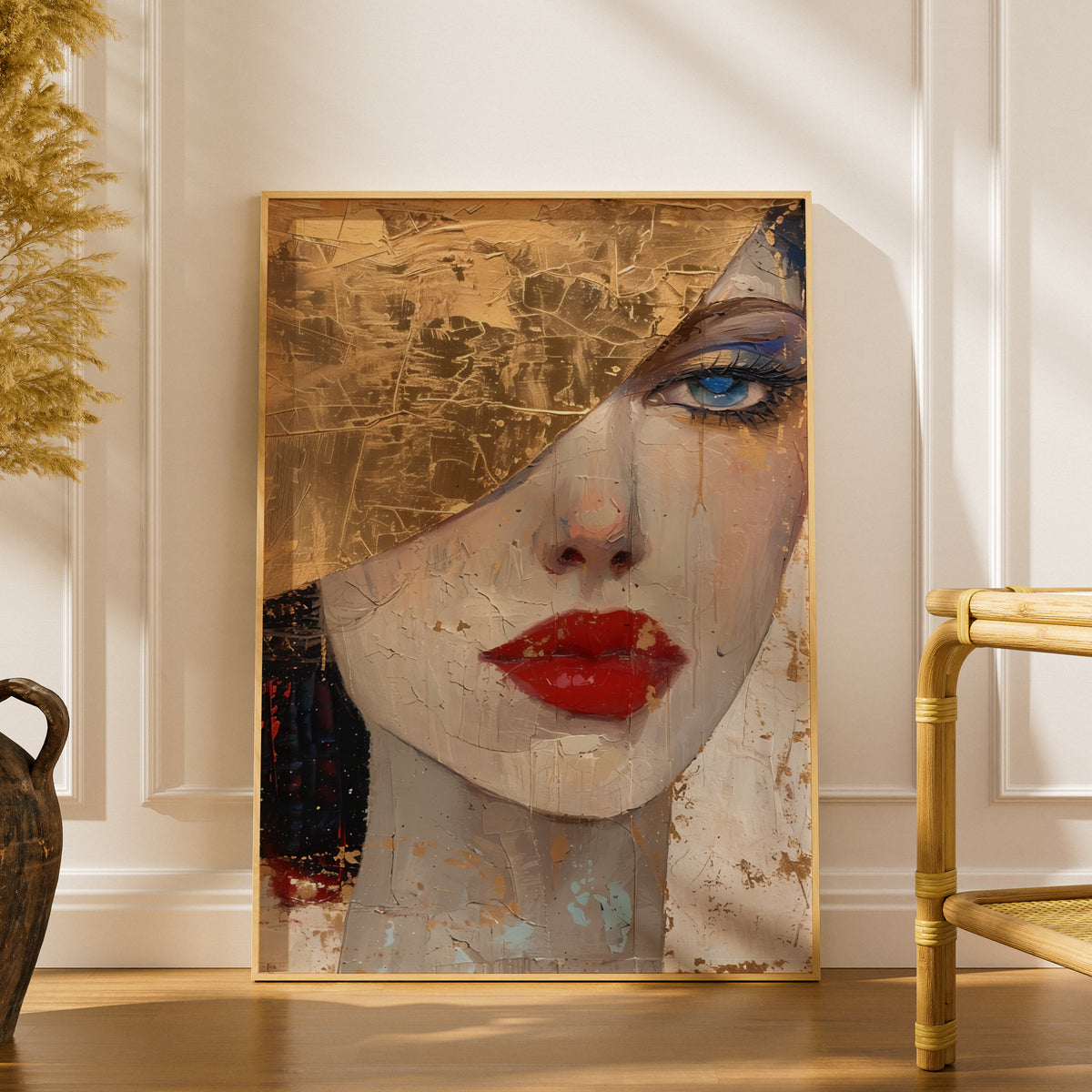 Gold Leaf Woman Portrait Poster, Red Lips Wall Art, Abstract Face Art Print, Living Room Decor — styling mockup 1