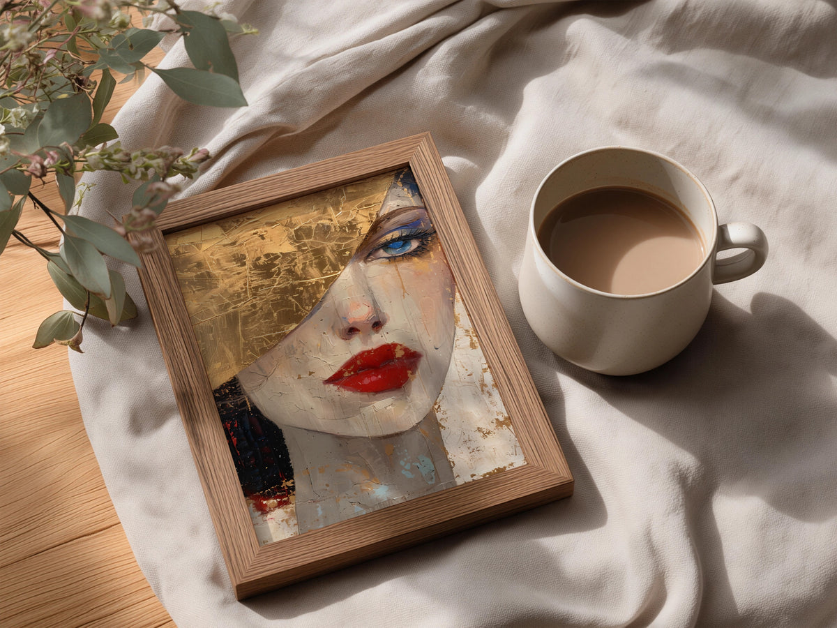 Gold Leaf Woman Portrait Poster, Red Lips Wall Art, Abstract Face Art Print, Living Room Decor — styling mockup 3