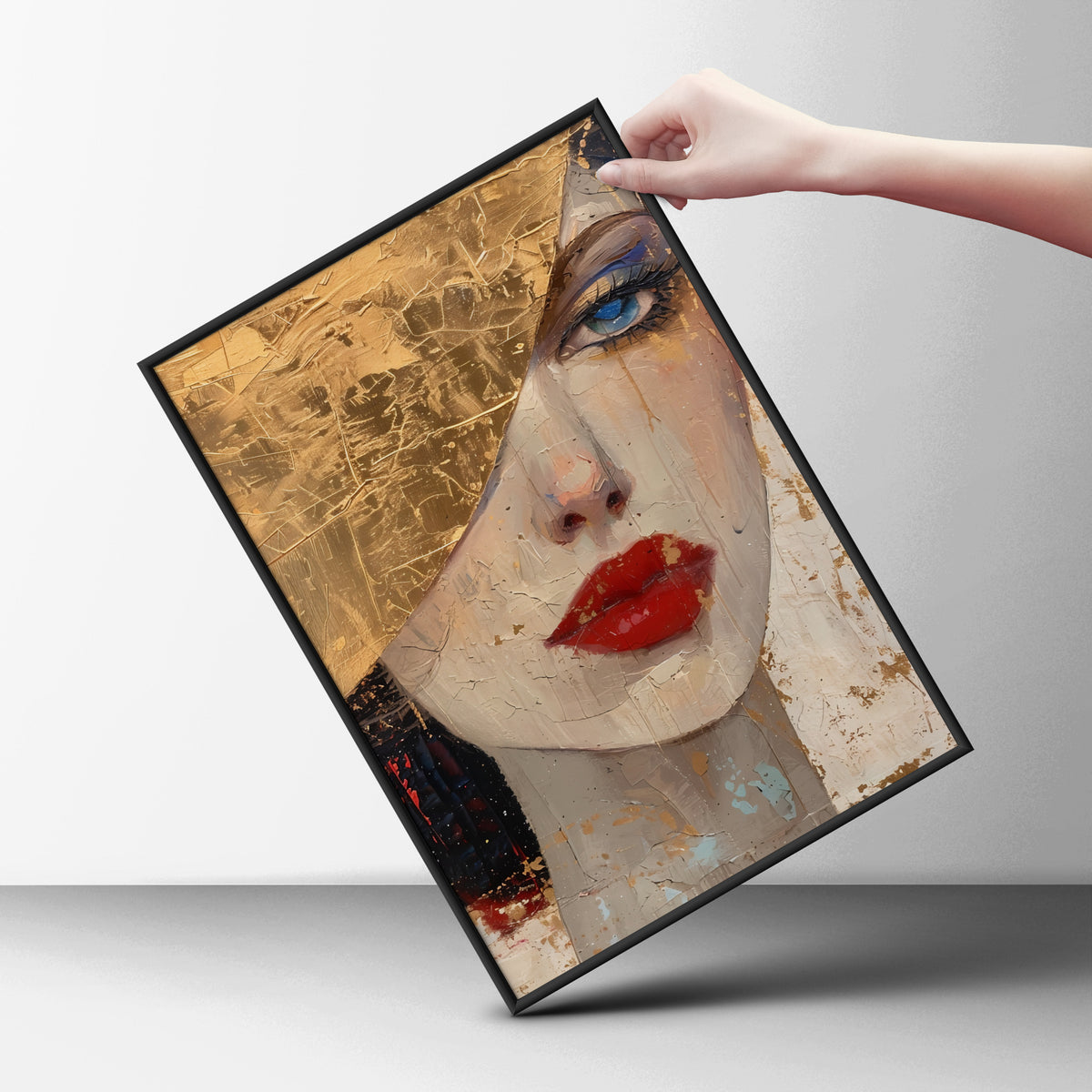Gold Leaf Woman Portrait Poster, Red Lips Wall Art, Abstract Face Art Print, Living Room Decor — styling mockup 6