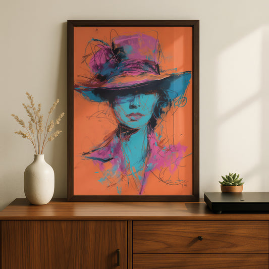 Abstract Woman in Hat Poster, Expressive Portrait Wall Art, Pink Blue Orange Art Print — styling mockup 2