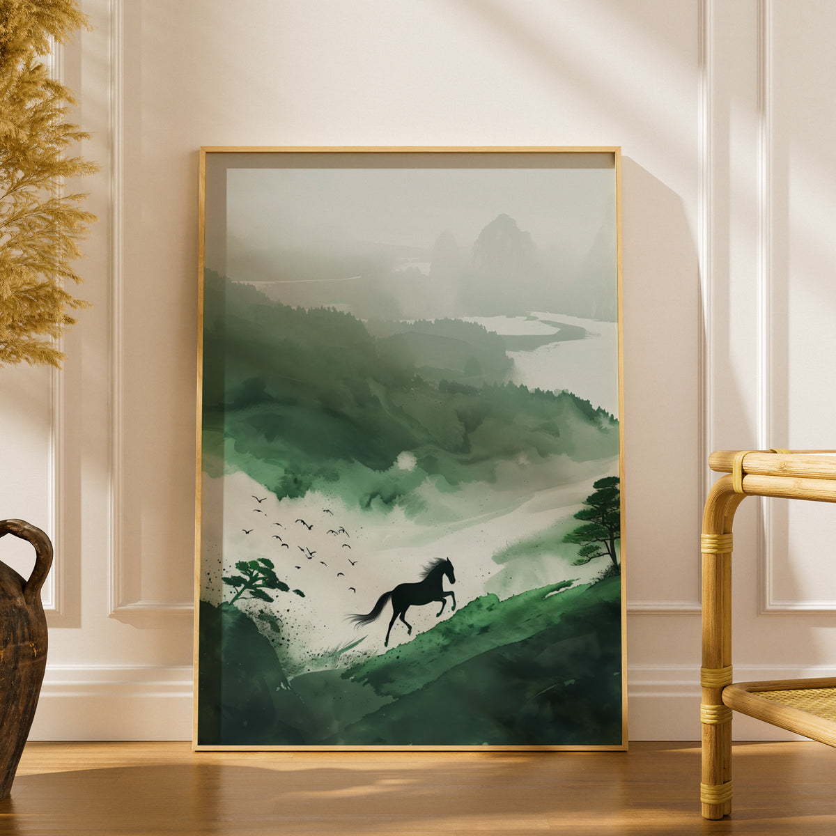 Galloping Horse Misty Green Mountain Landscape, Ink Wash Wall Art Poster, Japanese Style Art Print — styling mockup 1