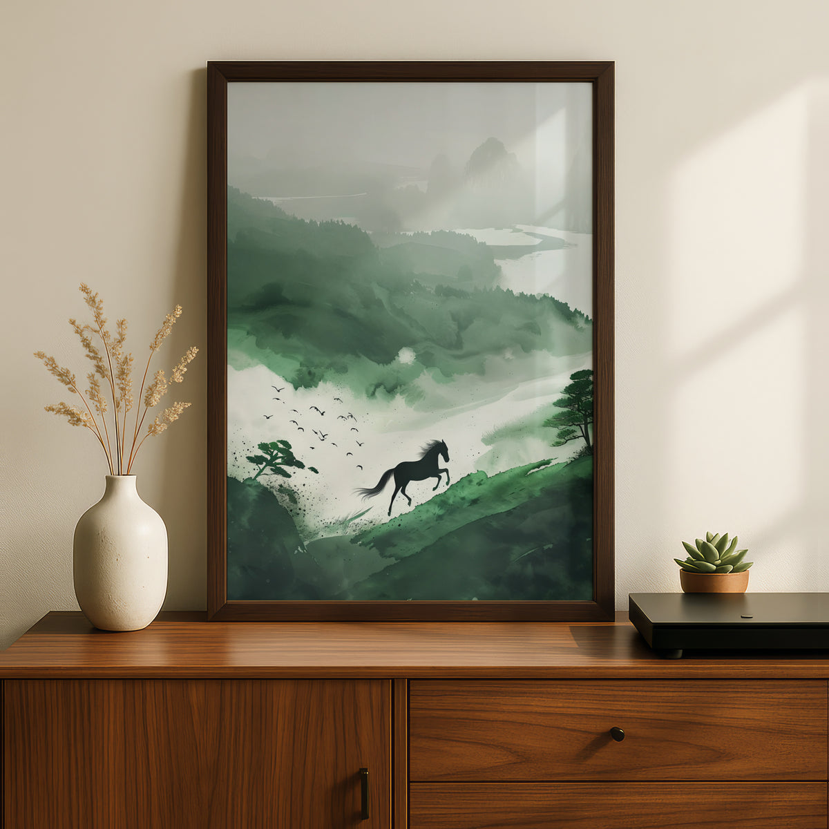 Galloping Horse Misty Green Mountain Landscape, Ink Wash Wall Art Poster, Japanese Style Art Print — styling mockup 2