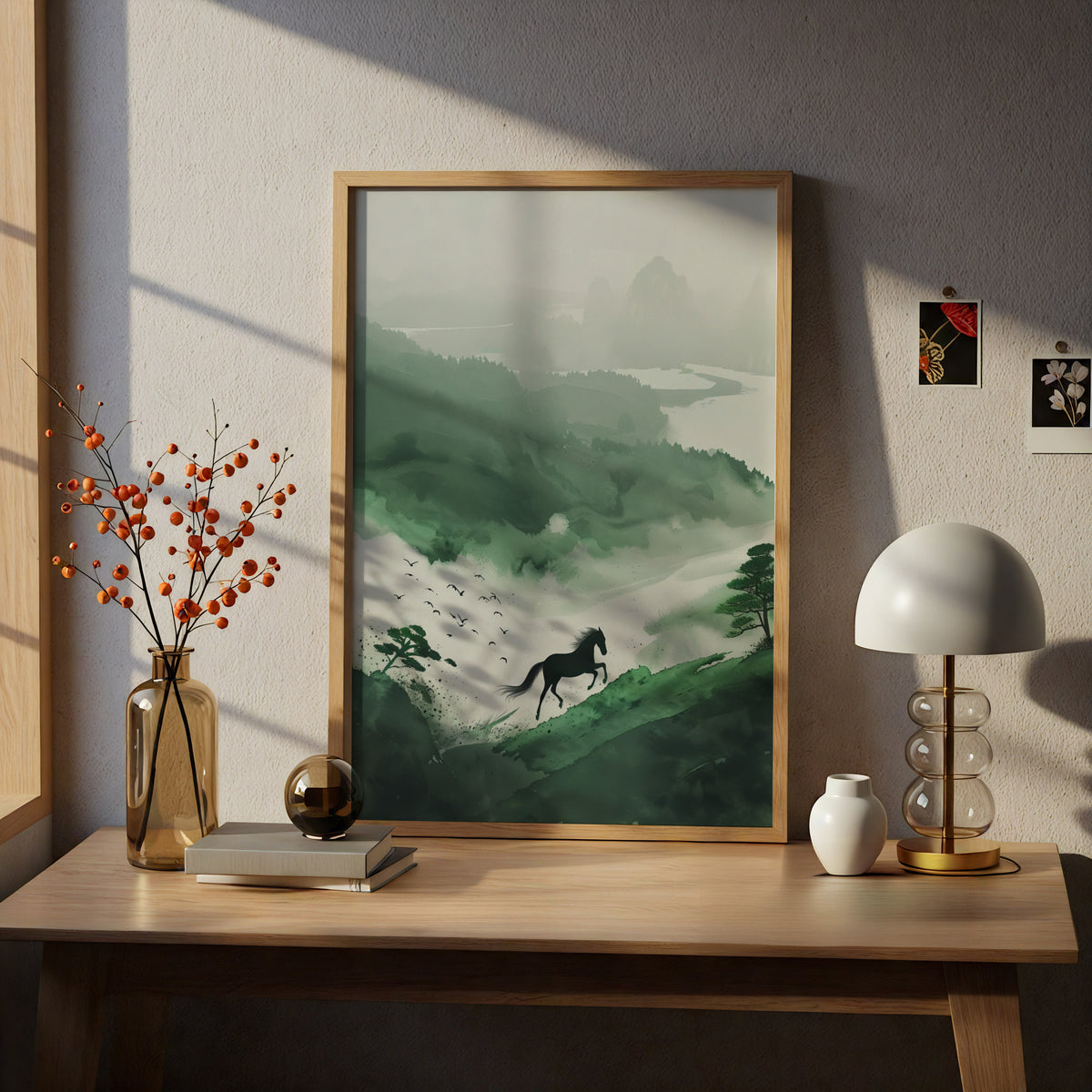 Galloping Horse Misty Green Mountain Landscape, Ink Wash Wall Art Poster, Japanese Style Art Print — styling mockup 5