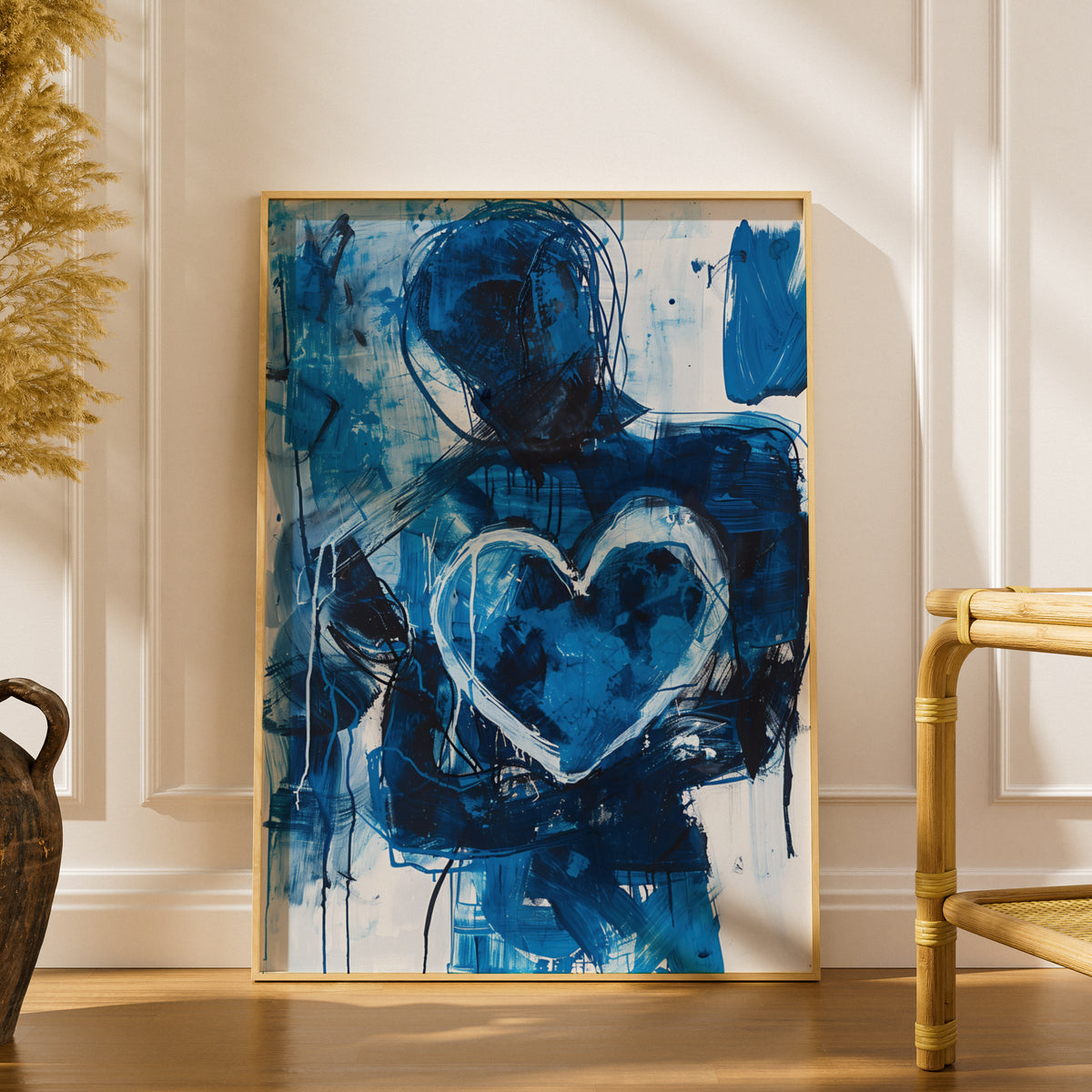 Abstract Blue Heart Poster, Expressive Figure Wall Art, Modern Painted Art Print, Living Room — styling mockup 1