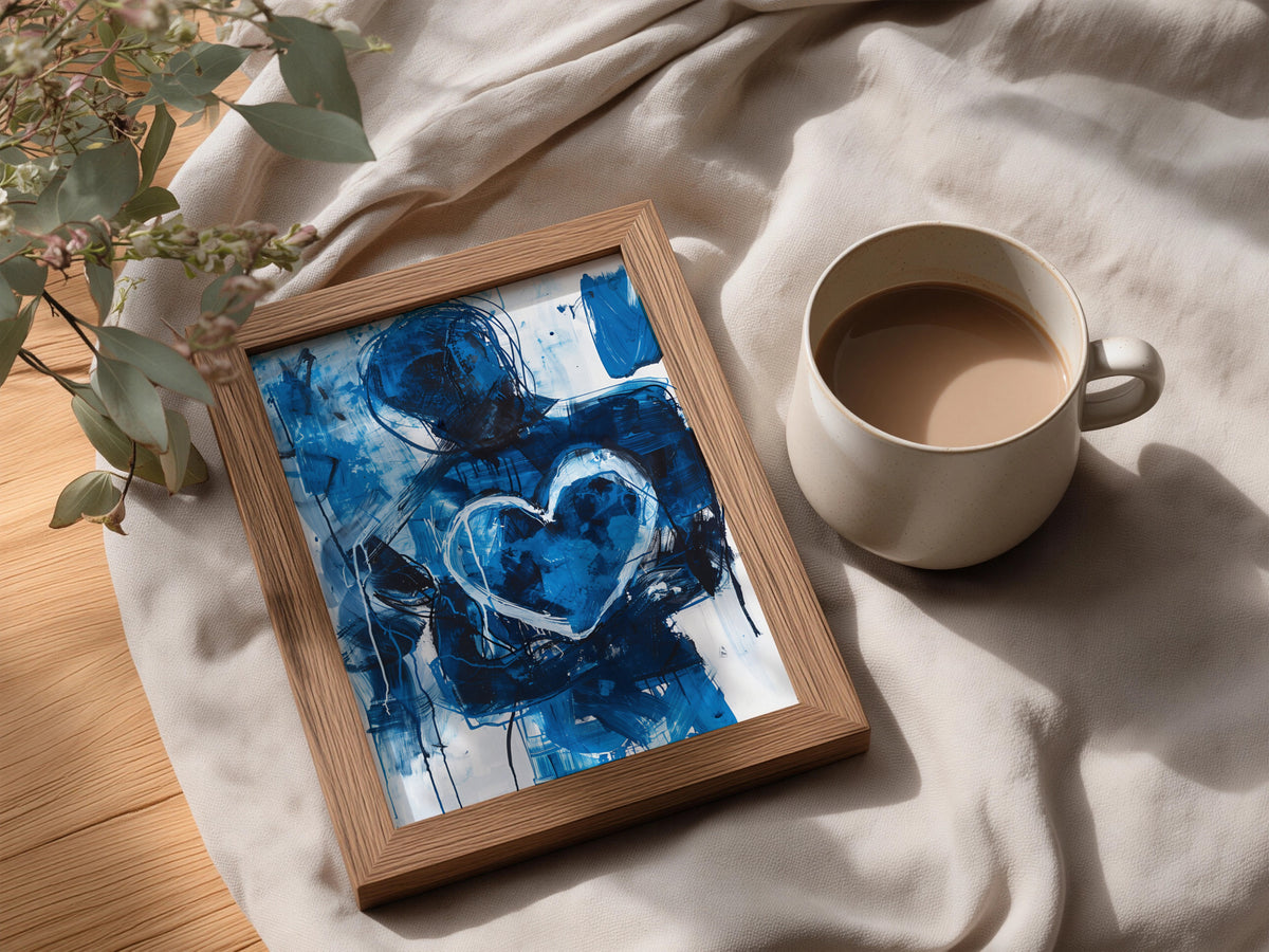 Abstract Blue Heart Poster, Expressive Figure Wall Art, Modern Painted Art Print, Living Room — styling mockup 3