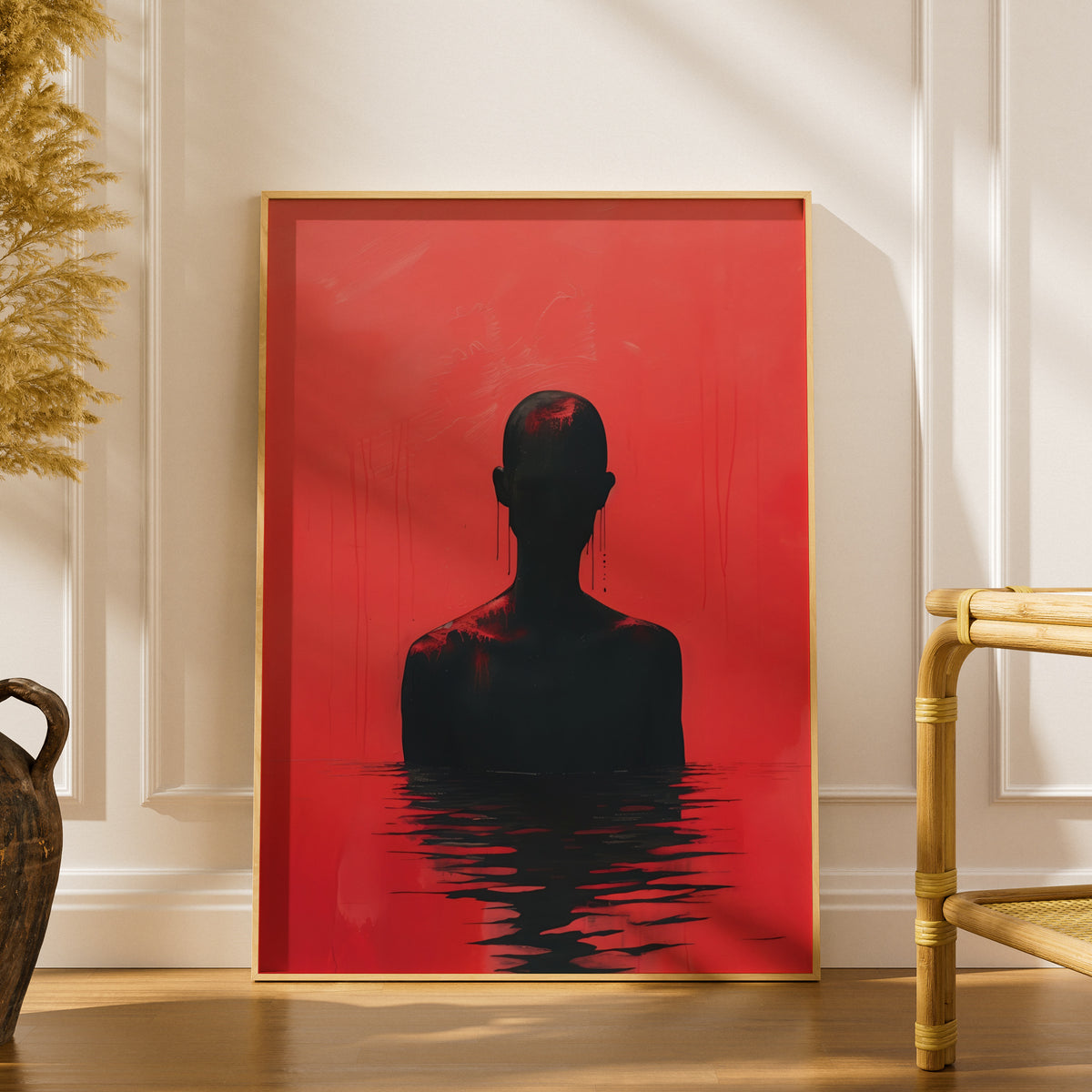 Red Silhouette Poster, Abstract Figure Wall Art, Dark Surreal Art Print, Moody Living Room Decor — styling mockup 1