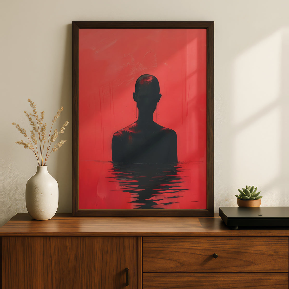 Red Silhouette Poster, Abstract Figure Wall Art, Dark Surreal Art Print, Moody Living Room Decor — styling mockup 2
