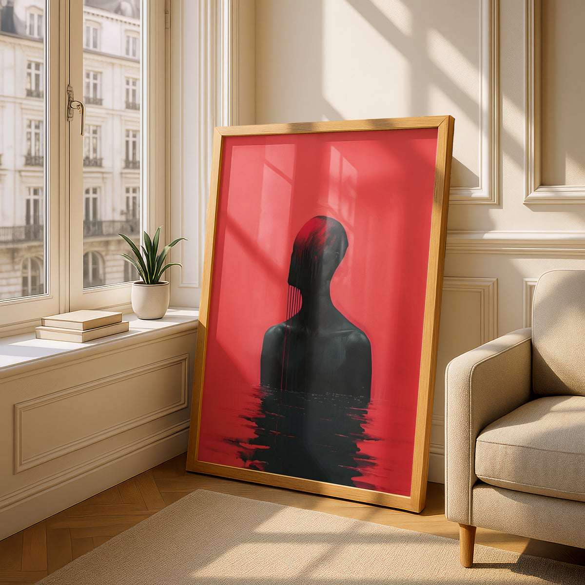 Dark Surreal Silhouette Wall Art, Red and Black Abstract Poster, Moody Gothic Art Print — styling mockup 4