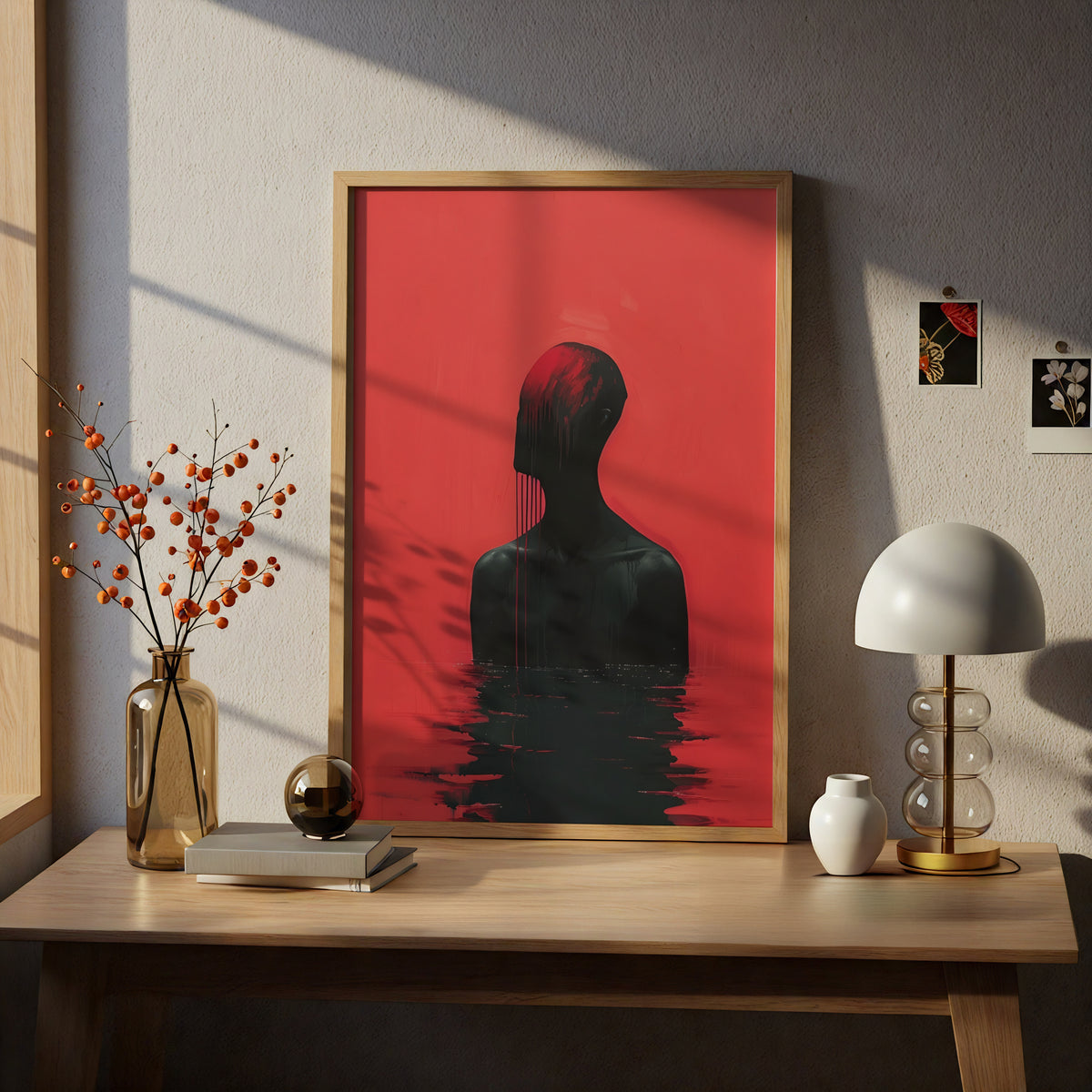 Dark Surreal Silhouette Wall Art, Red and Black Abstract Poster, Moody Gothic Art Print — styling mockup 5