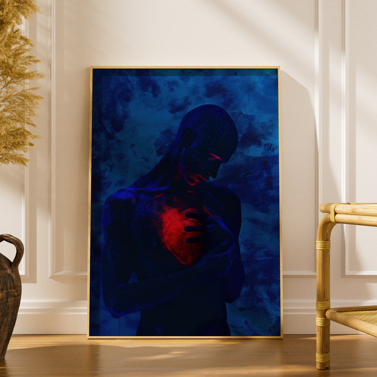 Anatomical Heart Poster, Dark Blue Surreal Wall Art, Moody Figure Art Print, Emotional Abstract — styling mockup 1