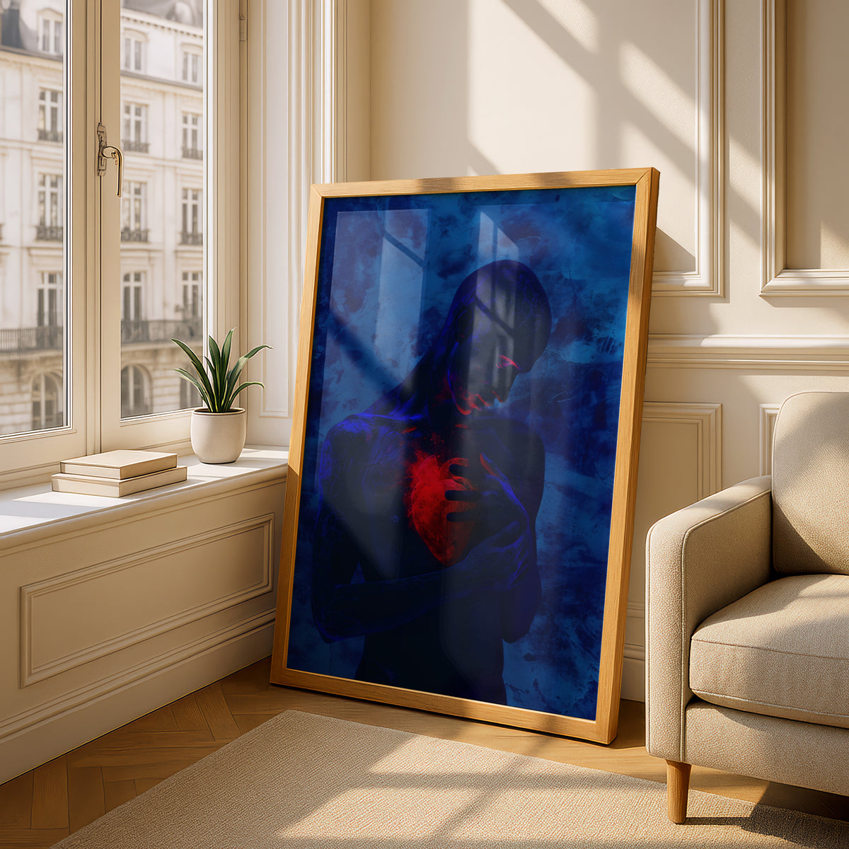 Anatomical Heart Poster, Dark Blue Surreal Wall Art, Moody Figure Art Print, Emotional Abstract — styling mockup 4