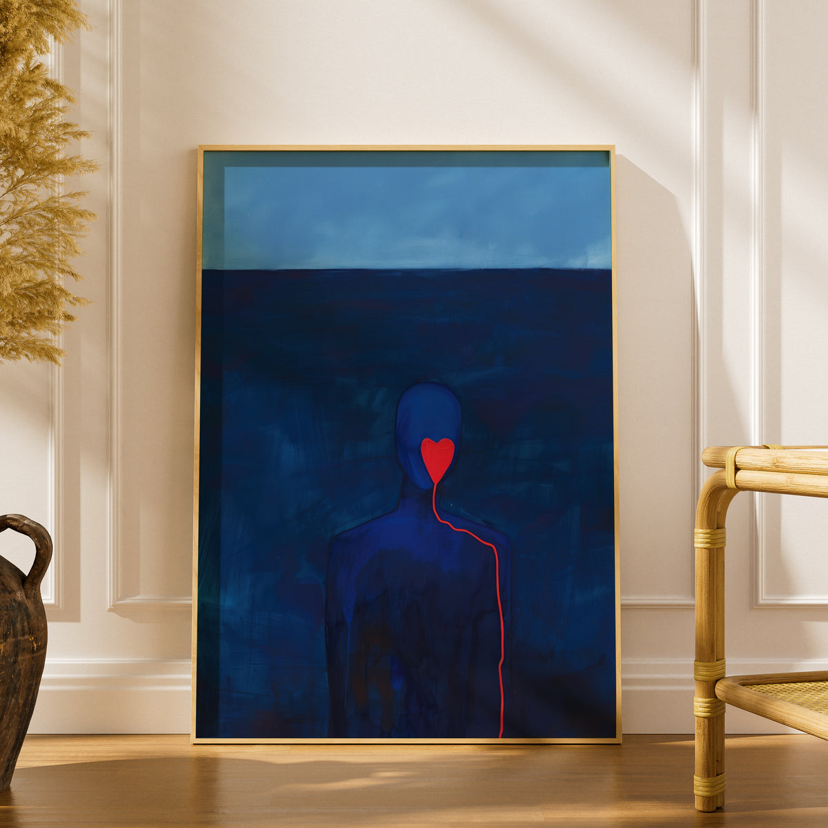 Blue Figure Red Heart Poster, Abstract Emotional Wall Art Print, Moody Navy Painting for Bedroom — styling mockup 1