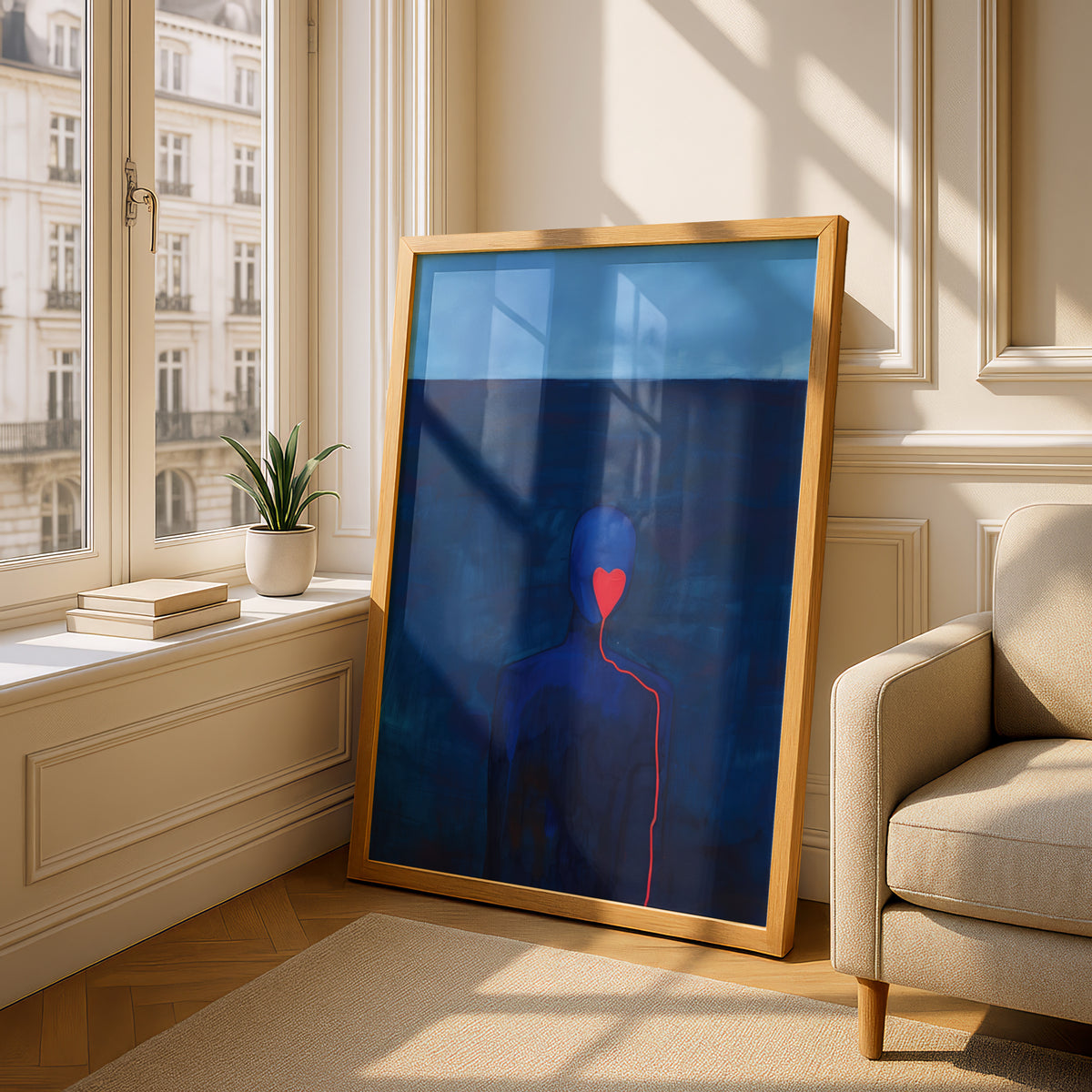 Blue Figure Red Heart Poster, Abstract Emotional Wall Art Print, Moody Navy Painting for Bedroom — styling mockup 4