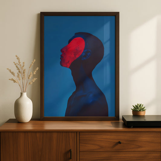 Surreal Profile Portrait, Red and Blue Abstract Wall Art Poster, Modern Contemporary Art Print — styling mockup 2
