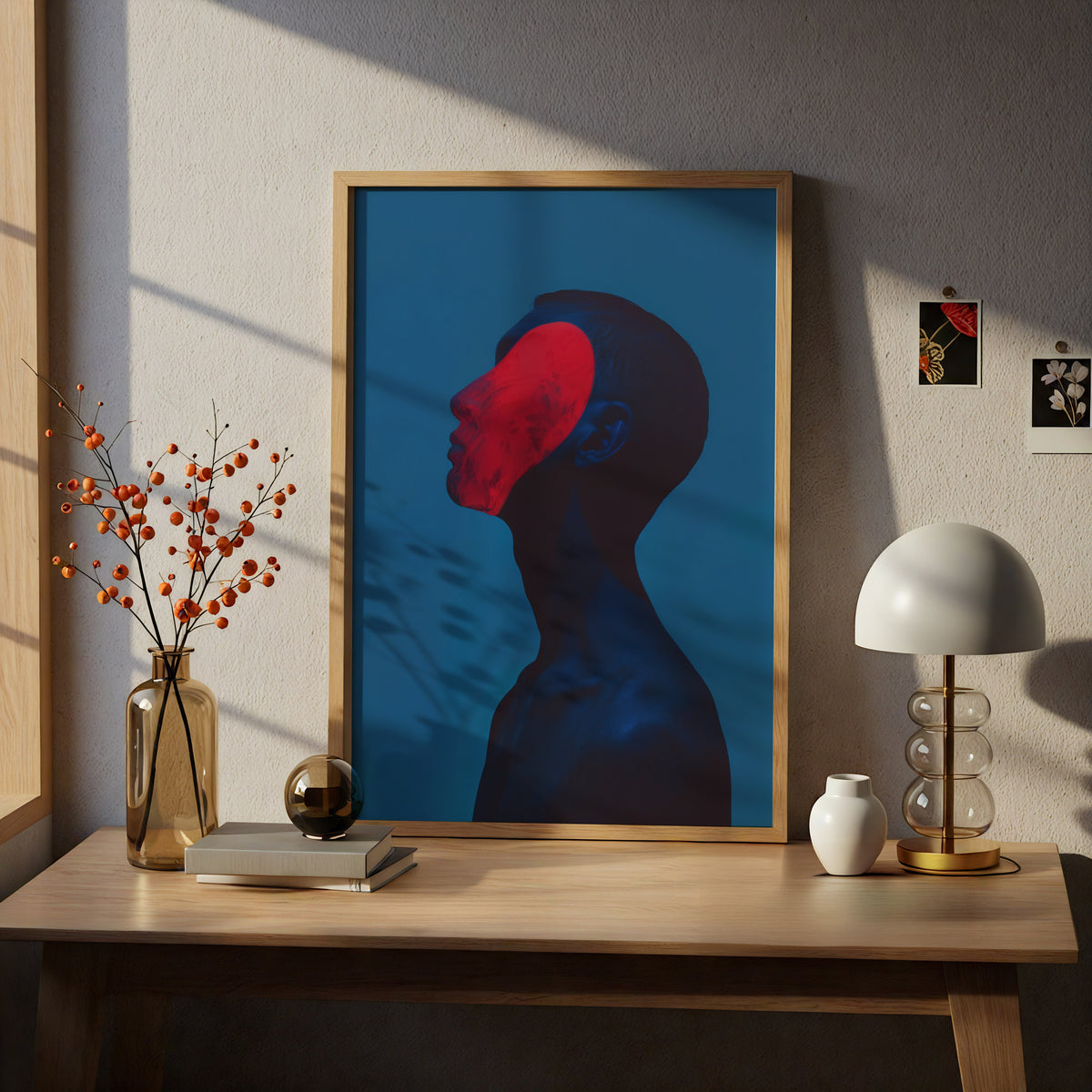 Surreal Profile Portrait, Red and Blue Abstract Wall Art Poster, Modern Contemporary Art Print — styling mockup 5