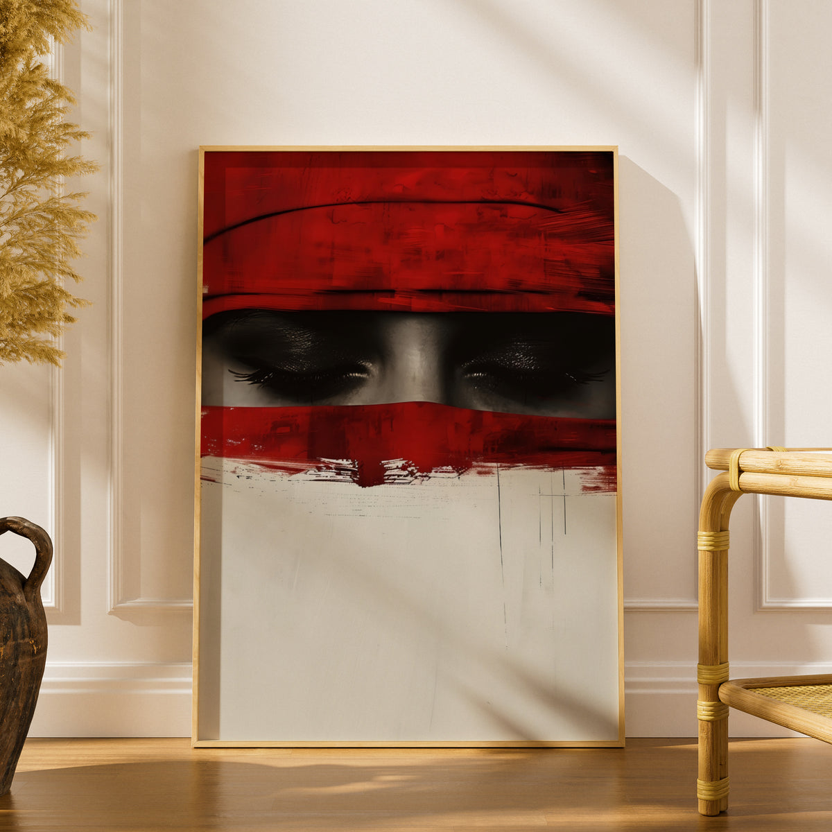 Red Abstract Eyes Poster, Dramatic Portrait Wall Art Print, Modern Black Red Cream Bedroom Decor — styling mockup 1